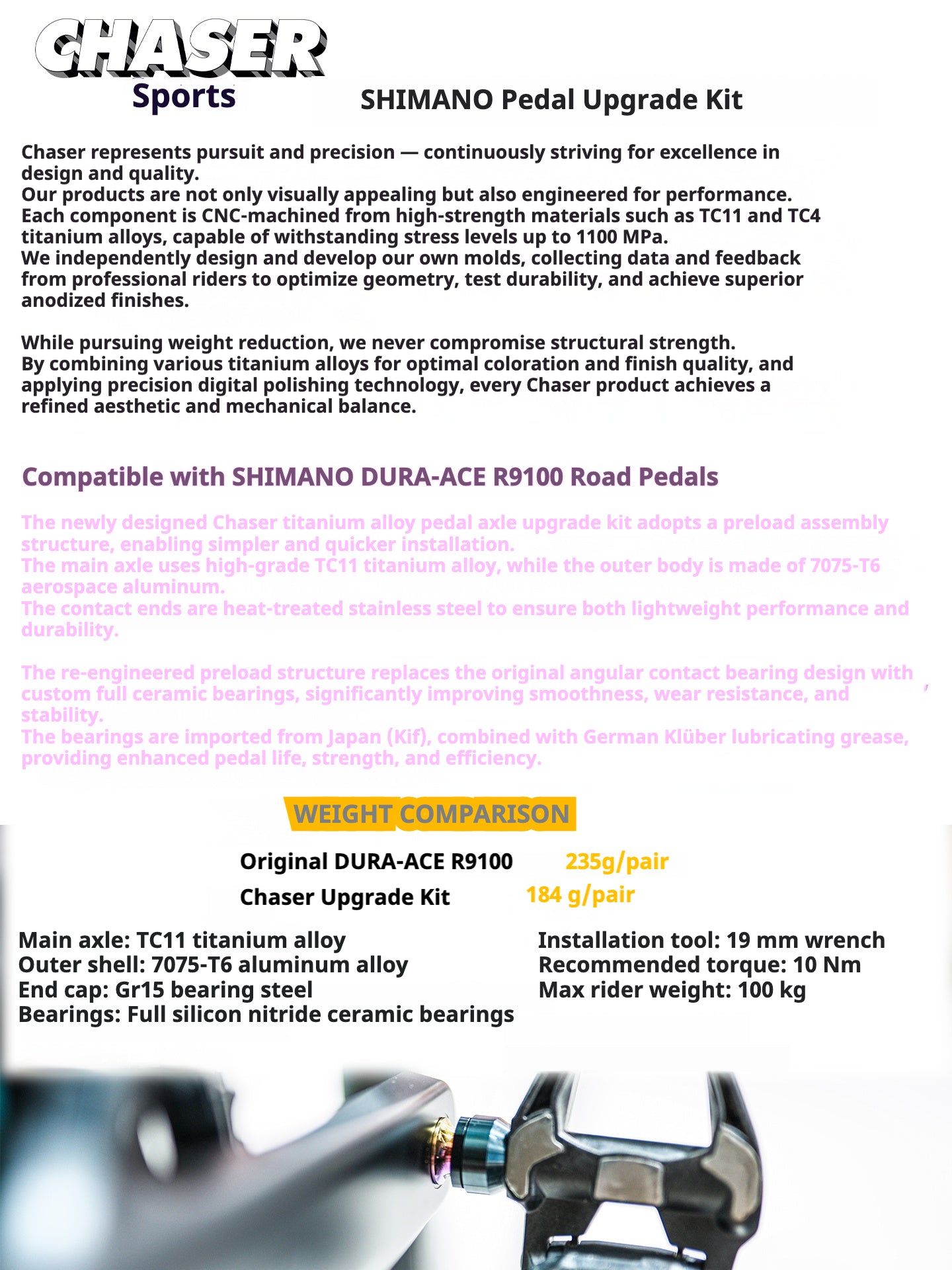 Chaser Titanium Pedal Axle Upgrade Kit for Shimano Dura-Ace R9100 Road Pedals