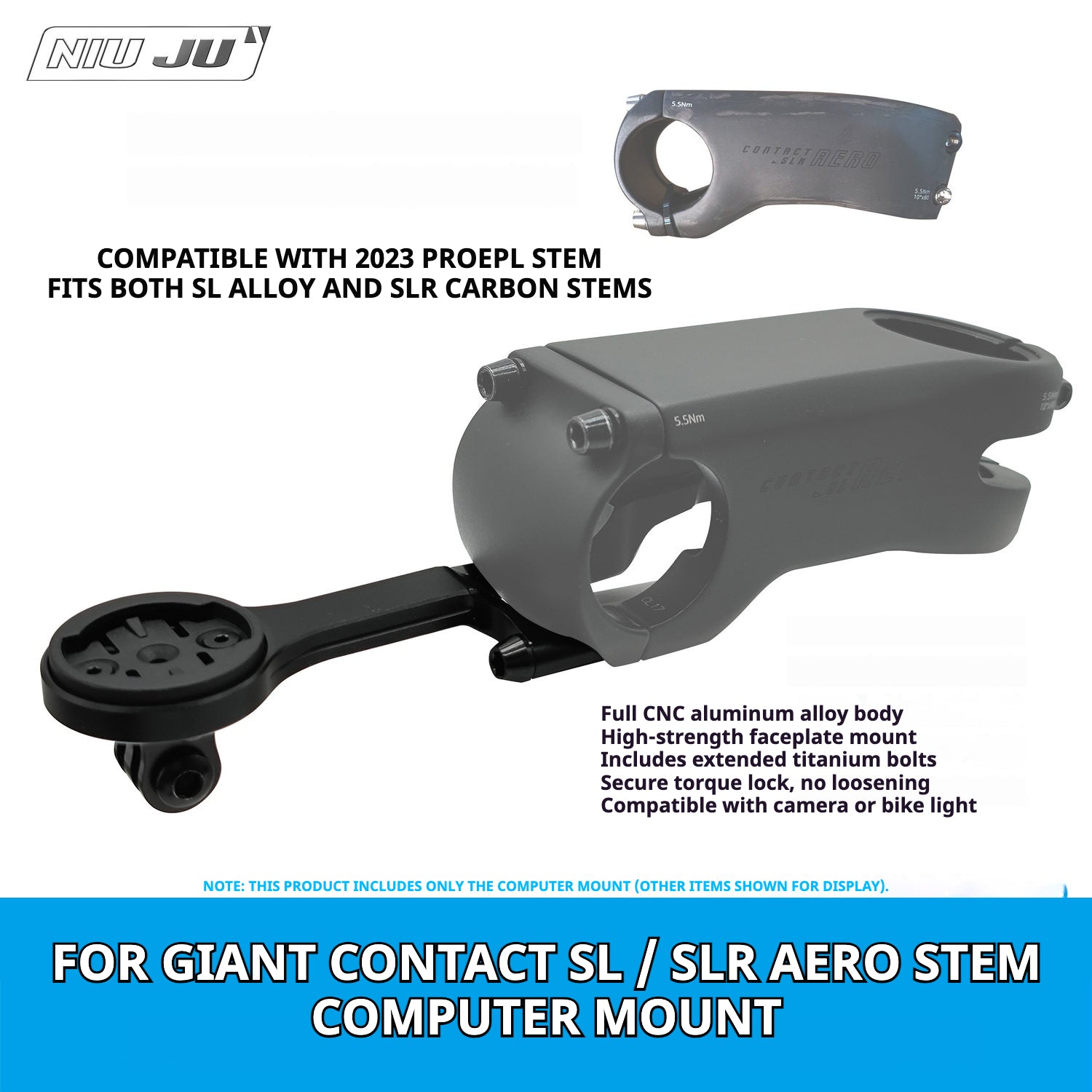NIUJU Full CNC Aluminum Bike Computer Mount for Giant Contact SL / SLR / Aero Stem — Garmin / Wahoo / Bryton / Giant / Cateye Compatible (42 g)