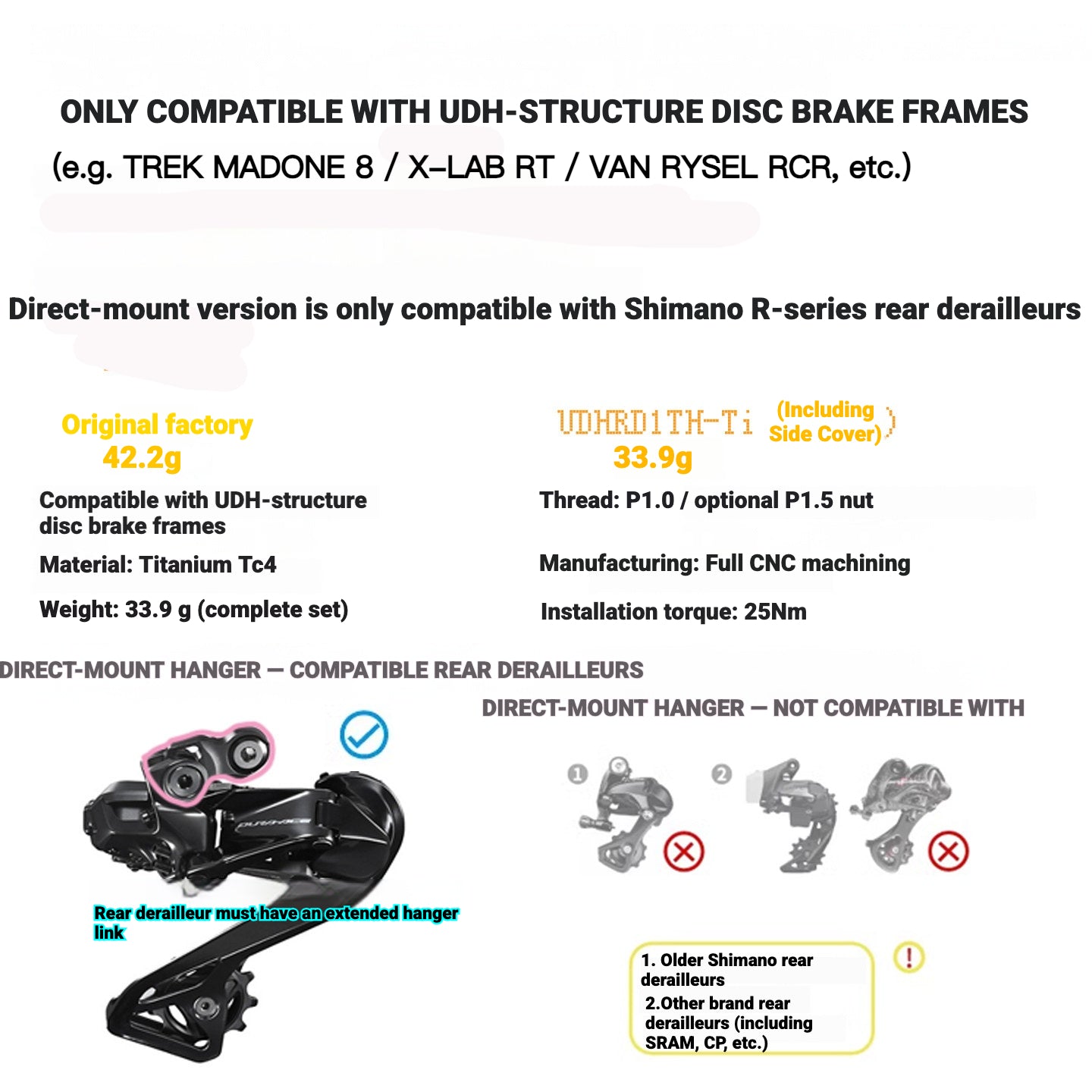 Titanium UDH Derailleur Hanger Replacement|Shimano Direct Mount|For Trek & Colnago Road Bikes