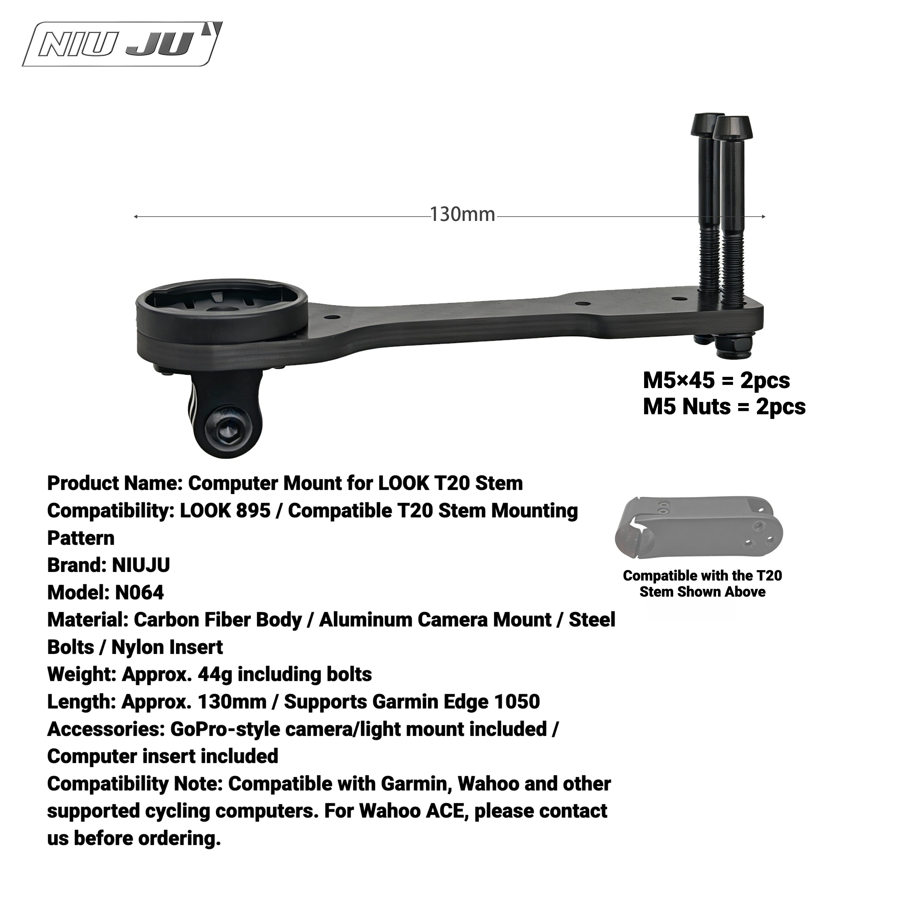 NIUJU Torque Computer Mount for LOOK 895 T20 Stem | Garmin 1050 / Wahoo Extension Mount
