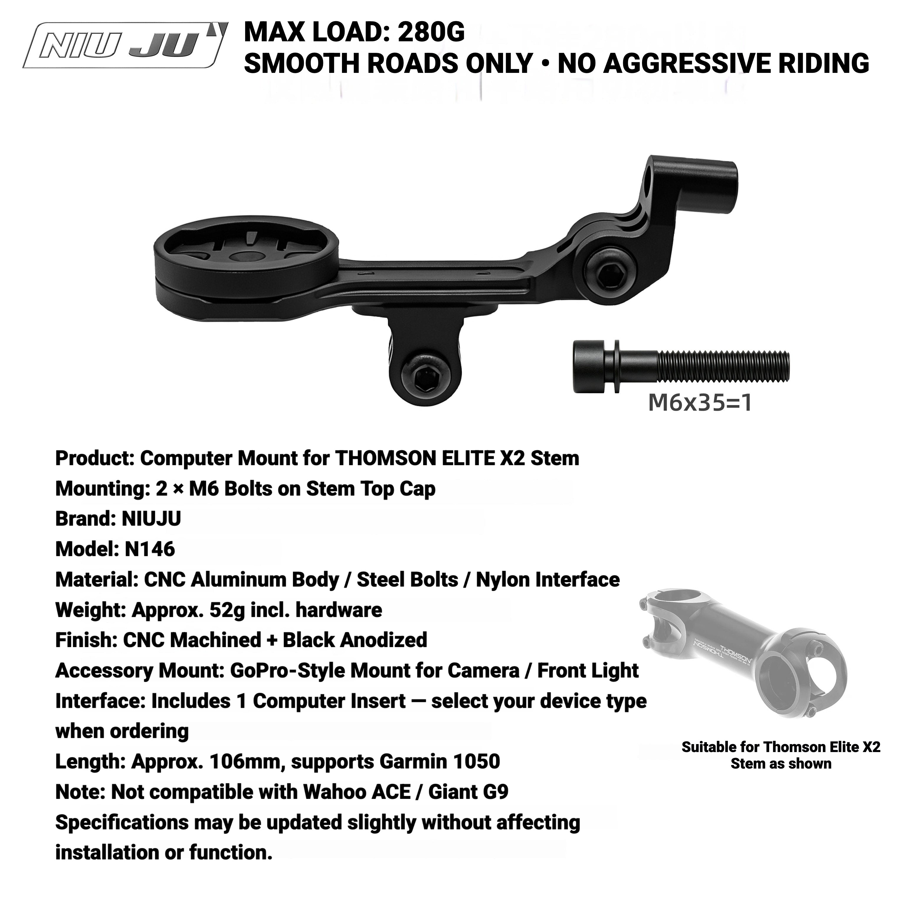 Torque Computer Mount for THOMSON ELITE X2 Stem | M6 Single-Bolt Garmin / Wahoo & Camera Mount
