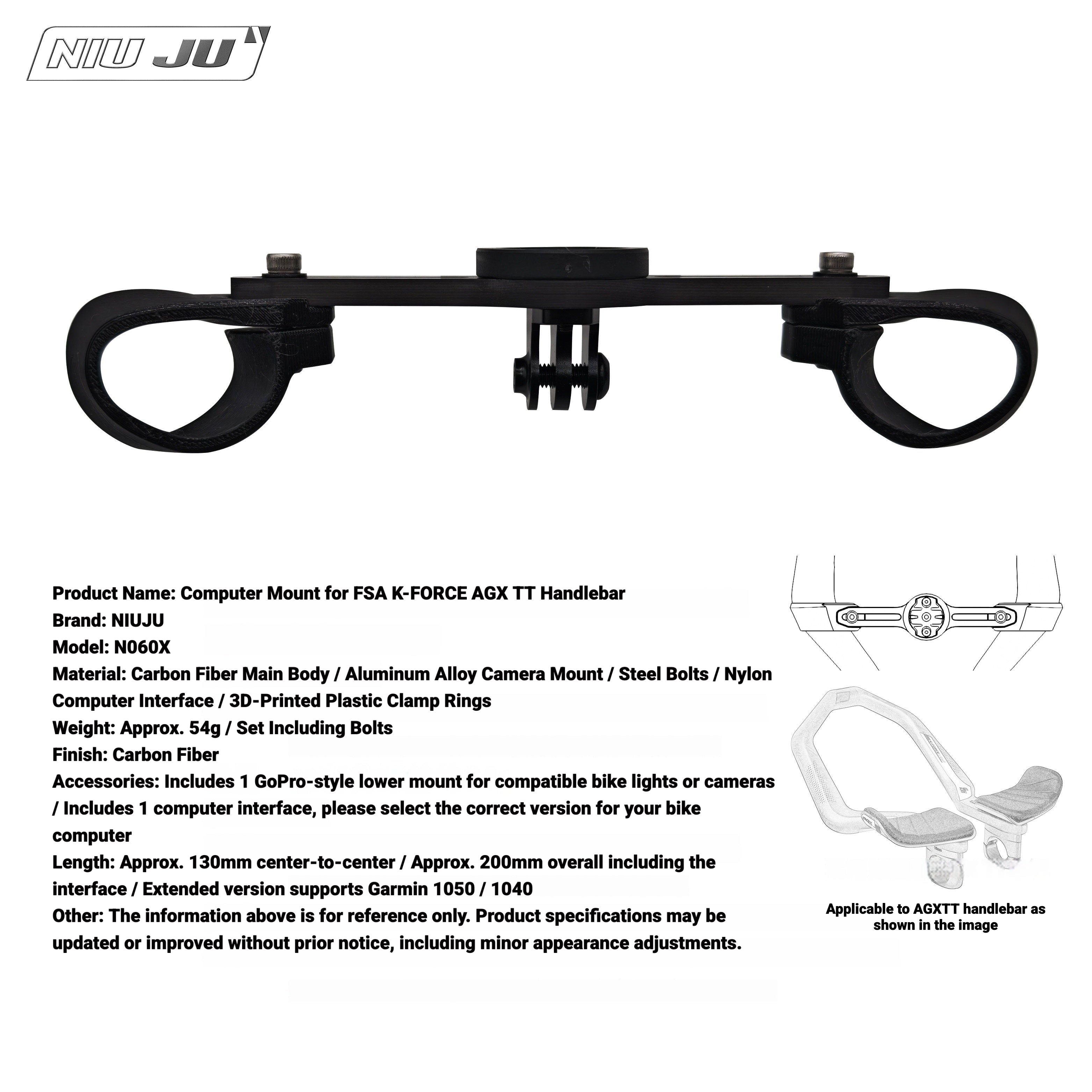 NIUJU Computer Mount for FSA K-FORCE AGX Aero Bar | Garmin Wahoo TT Extension Mount