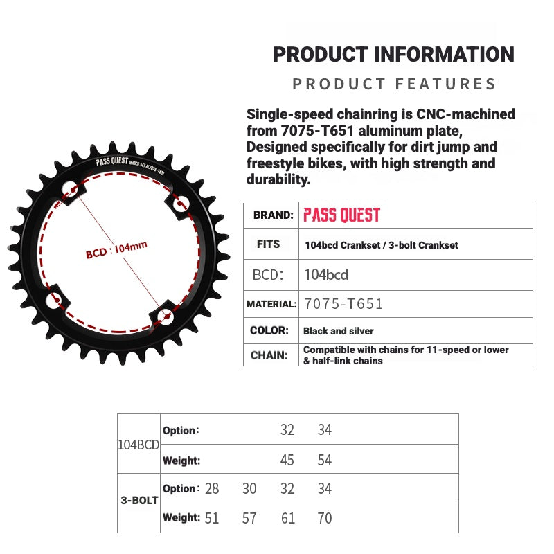 PASS QUEST Dirt Jump Single-Speed Chainring | 104BCD / SRAM 3-Bolt Direct Mount