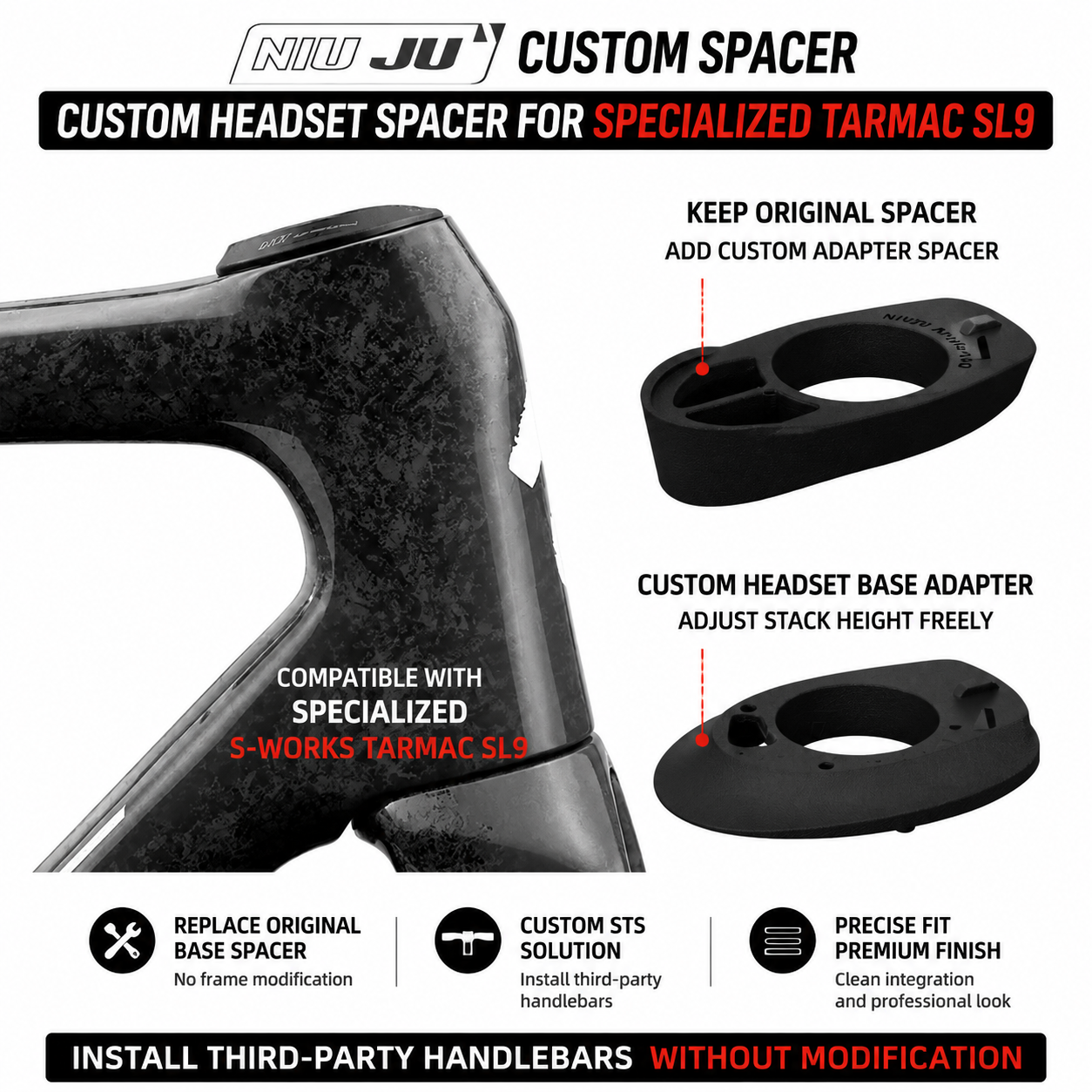 NIUJU Specialized TARMAC SL9 Custom Headset Spacer & Integrated Handlebar Adapter | Road Bike Cockpit Upgrade