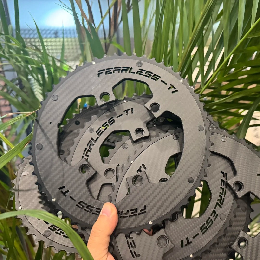 Fearless-Ti Carbon Fiber Chainrings 110BCD 4-Bolt|50-34 / 52-36 / 54-40 / 54-38|For XXE GP3 & SRAM RED|Titanium Bolts Included