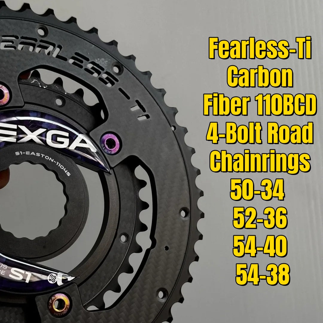 Fearless-Ti Carbon Fiber Chainrings 110BCD 4-Bolt|50-34 / 52-36 / 54-40 / 54-38|For XXE GP3 & SRAM RED|Titanium Bolts Included