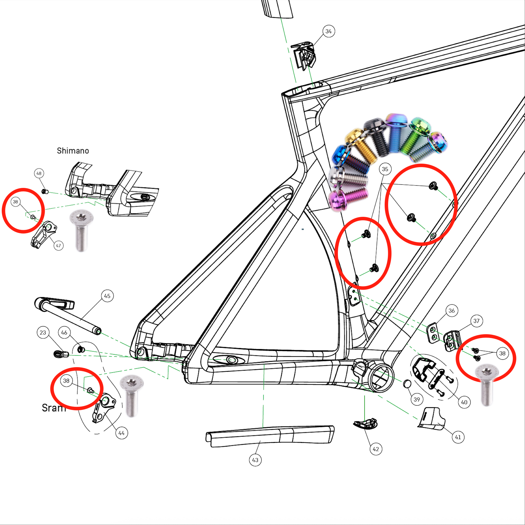 Compatible with Canyon Aeroad CFR/CF SLX – Full Titanium Bolt Upgrade Kit-Handlebar, Stem, Seatpost, Saddle, Derailleur