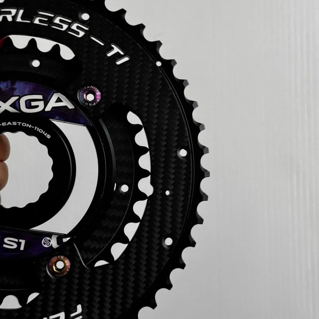 Fearless-Ti Carbon Fiber Chainrings 110BCD 4-Bolt|50-34 / 52-36 / 54-40 / 54-38|For XXE GP3 & SRAM RED|Titanium Bolts Included
