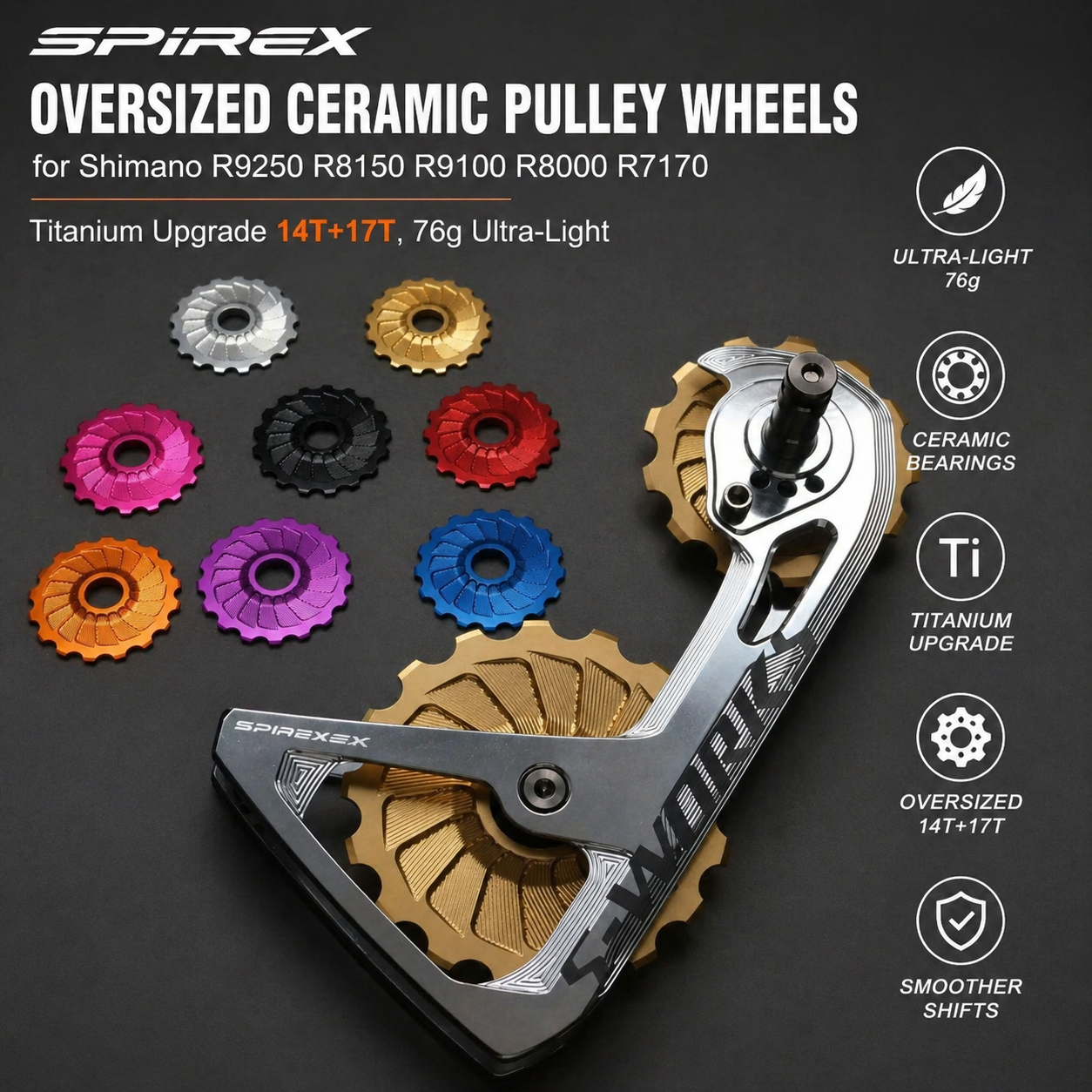 SPIREX Oversized Ceramic Pulley Wheels for Shimano R9250 R8150 R9100 R8000 R7170 – Titanium Upgrade 14T+17T, 76g Ultra-Light