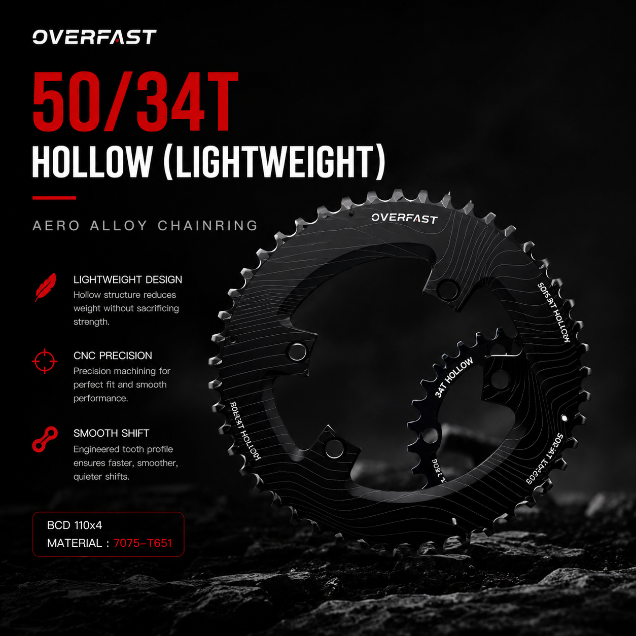 OVERFAST Aero & Lightweight Alloy Chainring Set | 50/34T & 52/36T | 110x4 BCD