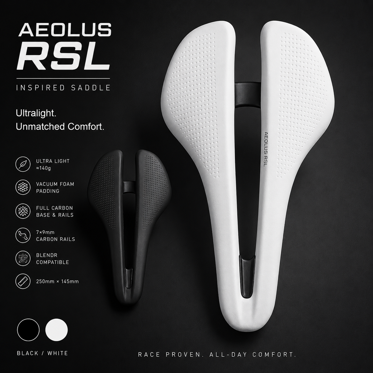PAVEWAY Aeolus RSL Inspired Full Carbon Racing Saddle | Ultra-Light 140g Road Bike Saddle