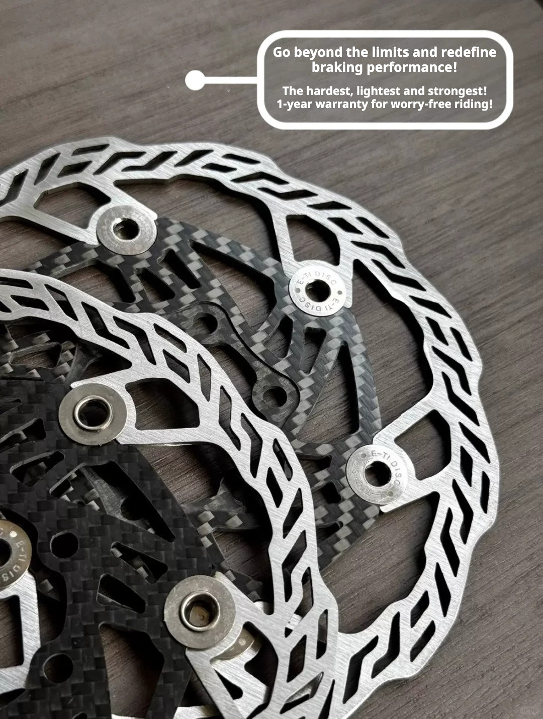 E-TI Rotor de frein à disque en carbone ultra-léger | 160mm / 140mm | 87g / 66g | Rivets en titane | Centerlock | Acier inoxydable CNC haute dureté