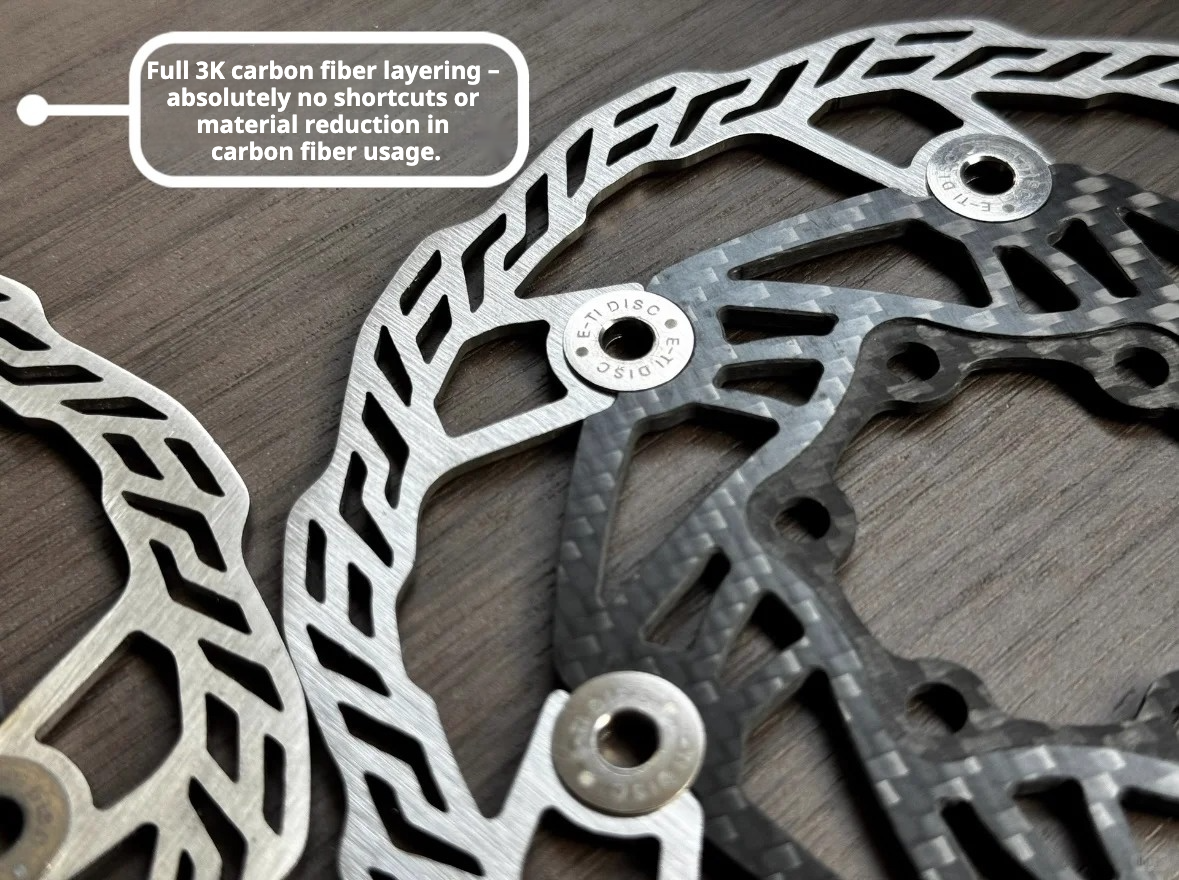 E-TI Rotor de frein à disque en carbone ultra-léger | 160mm / 140mm | 87g / 66g | Rivets en titane | Centerlock | Acier inoxydable CNC haute dureté