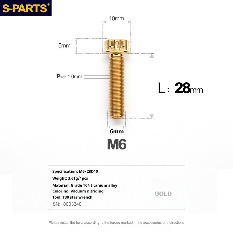 SPARTS A3 Series M6 L08-120mm Golden Titanium Screws Motorcycle Auto