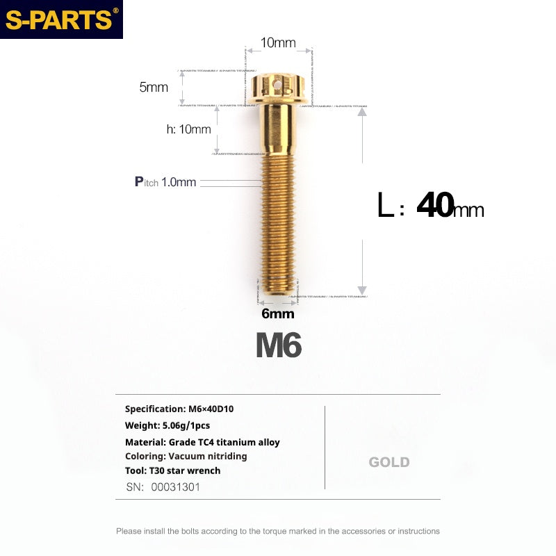 SPARTS A3 Series M6 L08-120mm Golden Titanium Screws Motorcycle Auto