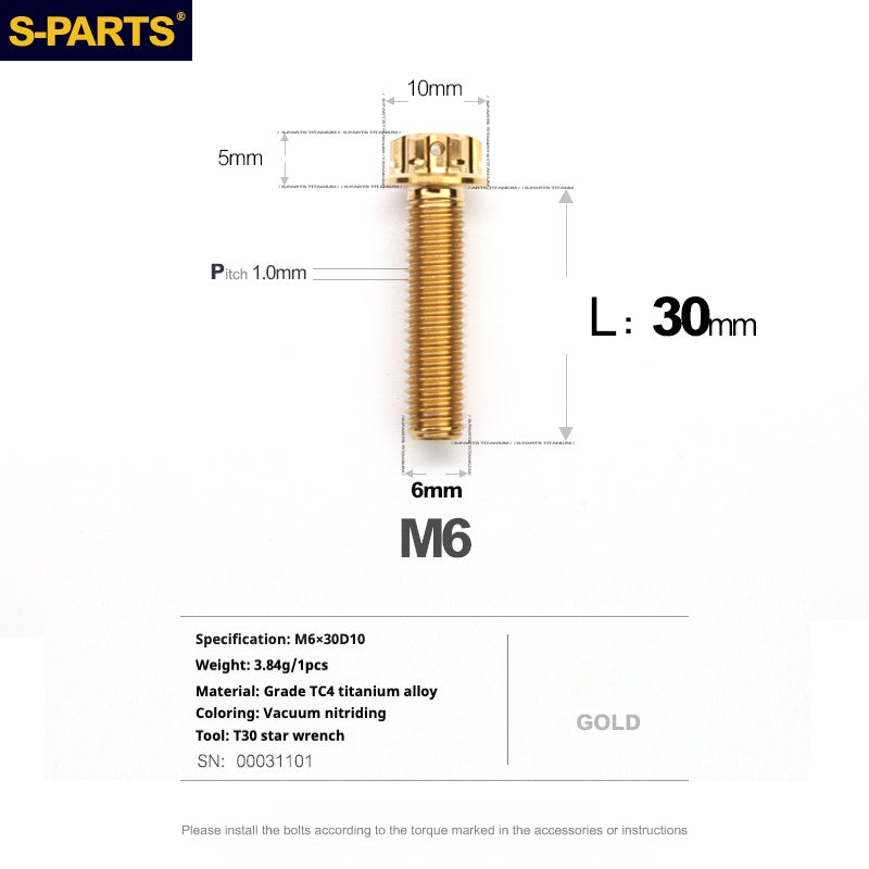 SPARTS A3 Series M6 L08-120mm Golden Titanium Screws Motorcycle Auto