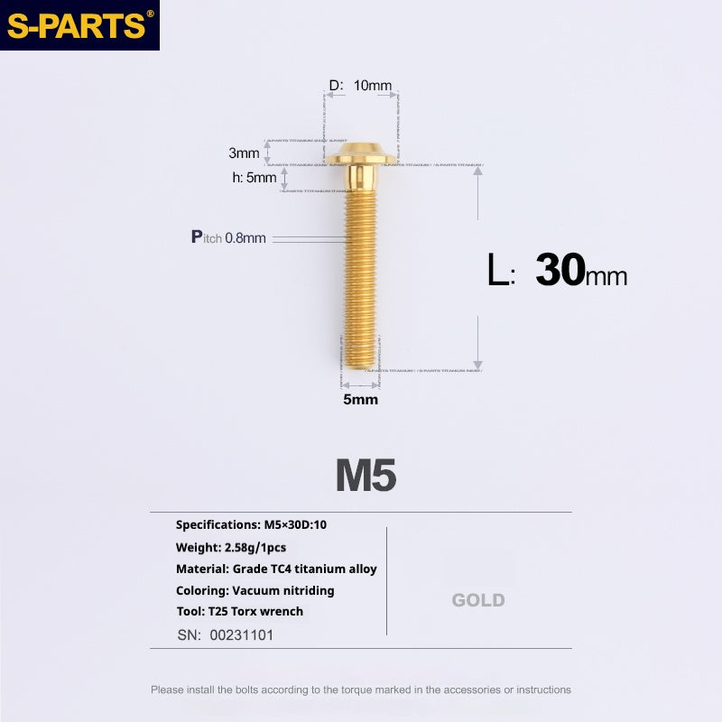 S-PARTS A3 Umbrella Head M5 L06-55mm D10 Motorcycle Electric Vehicle Titanium Screw