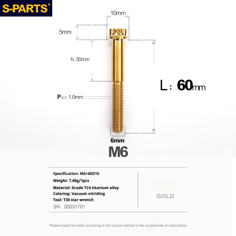 SPARTS A3 Series M6 L08-120mm Golden Titanium Screws Motorcycle Auto