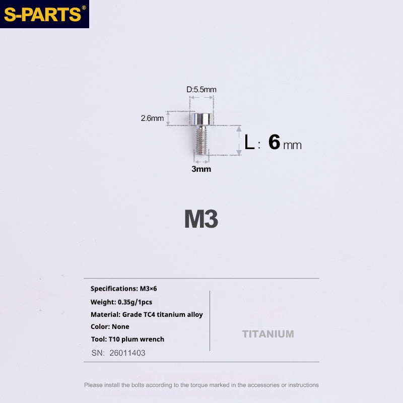 S-PARTS bicycle road bike titanium alloy screw M3*6/8/10/12/15mm post head TI