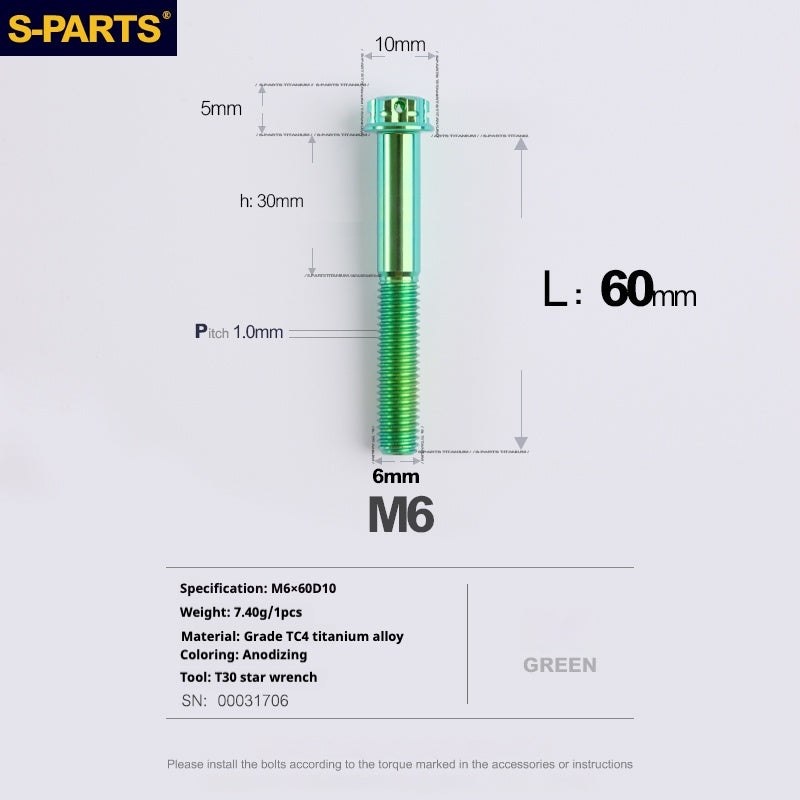 SPARTS A3 Series M6 L08-120mm Green Titanium Screws Motorcycle Auto