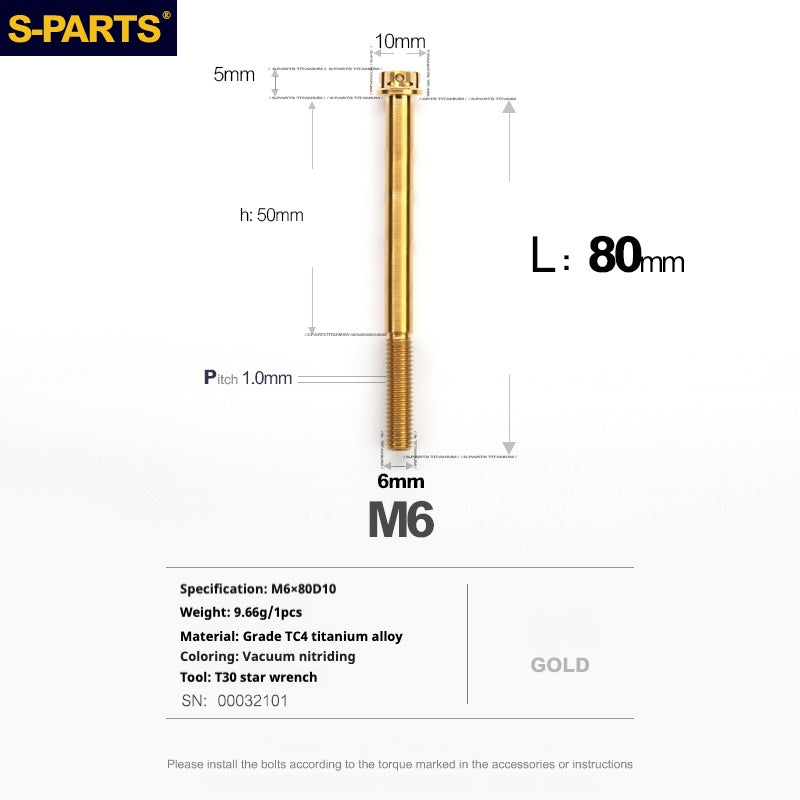 SPARTS A3 Series M6 L08-120mm Golden Titanium Screws Motorcycle Auto