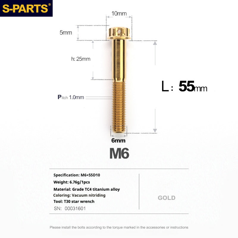 SPARTS A3 Series M6 L08-120mm Golden Titanium Screws Motorcycle Auto