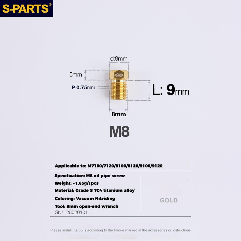 S-PARTS Titanium Hydraulic Hose Bolts for MTB and Road Bikes | Compatible with Shimano XTR/Ultegra/Dura-Ace and SRAM Road Systems | M8 Oil Hose Screws
