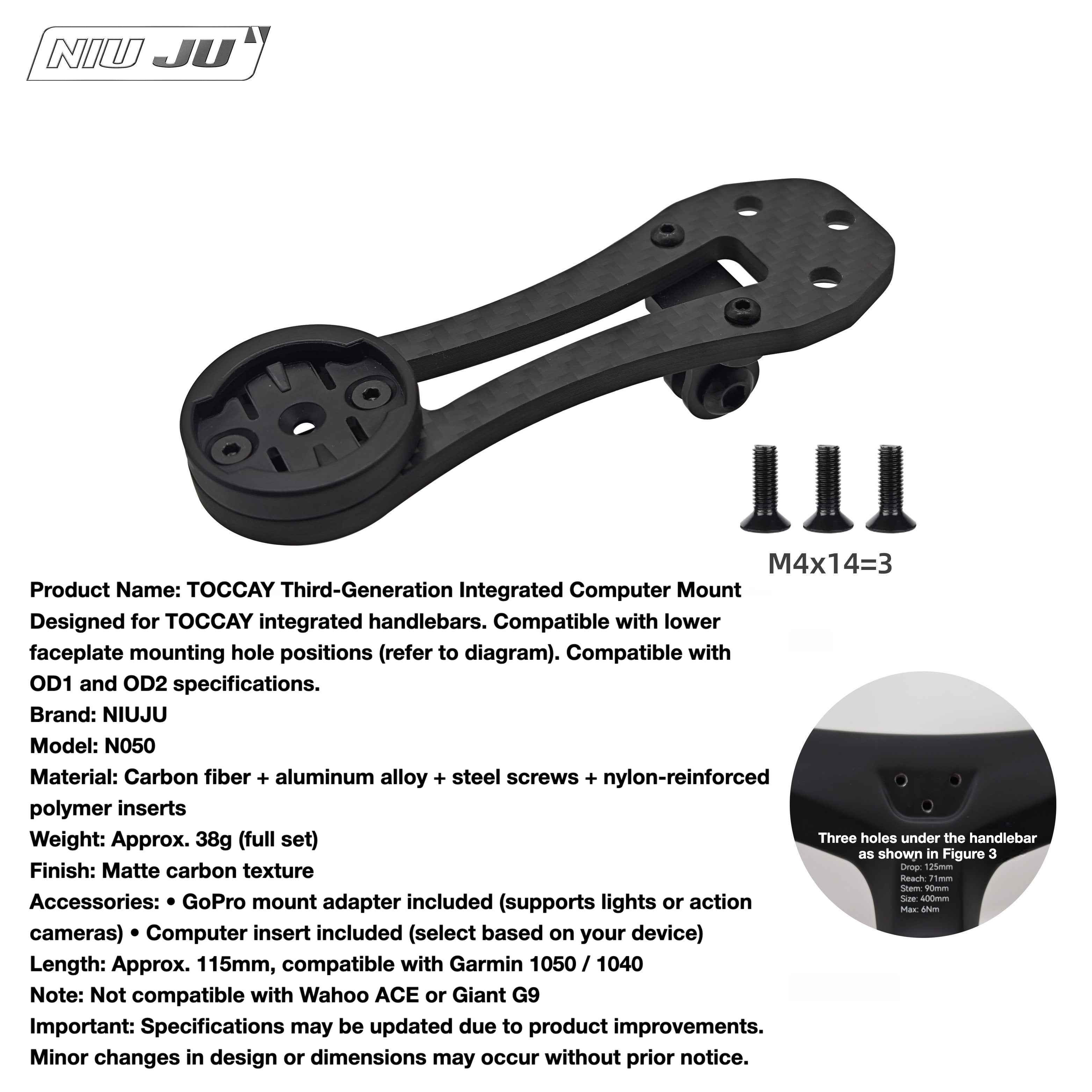 TOCCAY Carbon Computer Mount for Integrated Cockpits | GoPro Garmin Wahoo Compatible Extension Mount