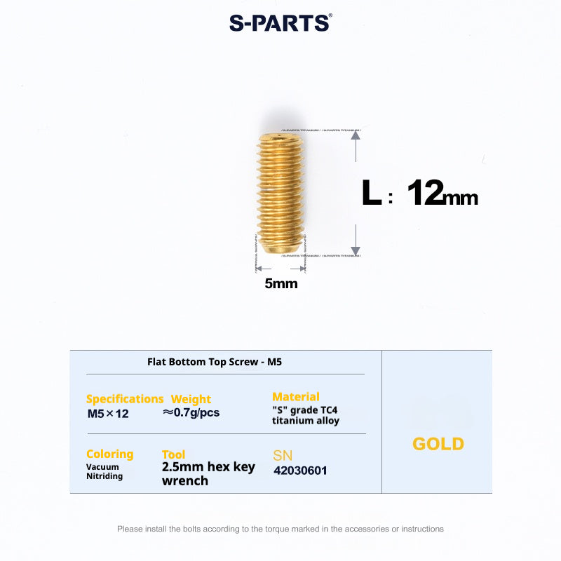 S-PARTS Titanium Set Screw M5×12 – Flat End CNC Grade 5 TC4 Titanium Alloy Hex Bolt