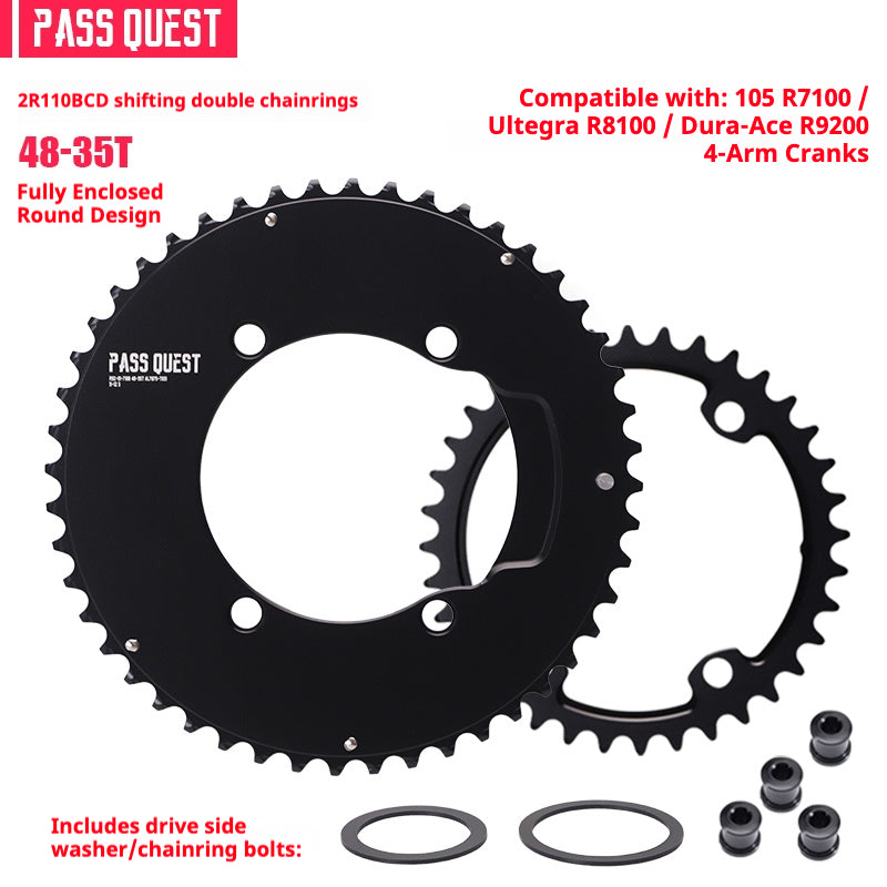 PASS QUEST 2R110BCD Fully Enclosed Chainring for Shimano R9200 / R8100 / R7100 | 11/12-Speed Double Chainring | 7075-T651 CNC Road Bike Chainring