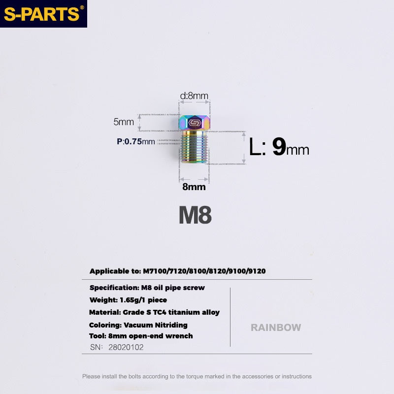 S-PARTS Titanium Hydraulic Hose Bolts for MTB and Road Bikes | Compatible with Shimano XTR/Ultegra/Dura-Ace and SRAM Road Systems | M8 Oil Hose Screws