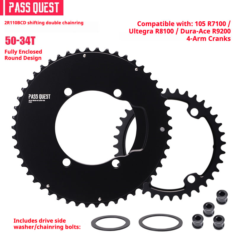 PASS QUEST 2R110BCD Fully Enclosed Chainring for Shimano R9200 / R8100 / R7100 | 11/12-Speed Double Chainring | 7075-T651 CNC Road Bike Chainring