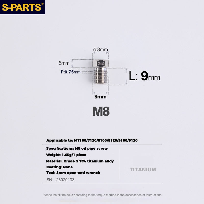 S-PARTS Titanium Hydraulic Hose Bolts for MTB and Road Bikes | Compatible with Shimano XTR/Ultegra/Dura-Ace and SRAM Road Systems | M8 Oil Hose Screws