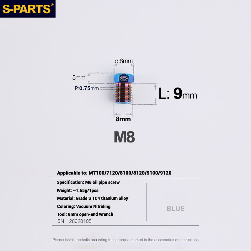 S-PARTS Titanium Hydraulic Hose Bolts for MTB and Road Bikes | Compatible with Shimano XTR/Ultegra/Dura-Ace and SRAM Road Systems | M8 Oil Hose Screws
