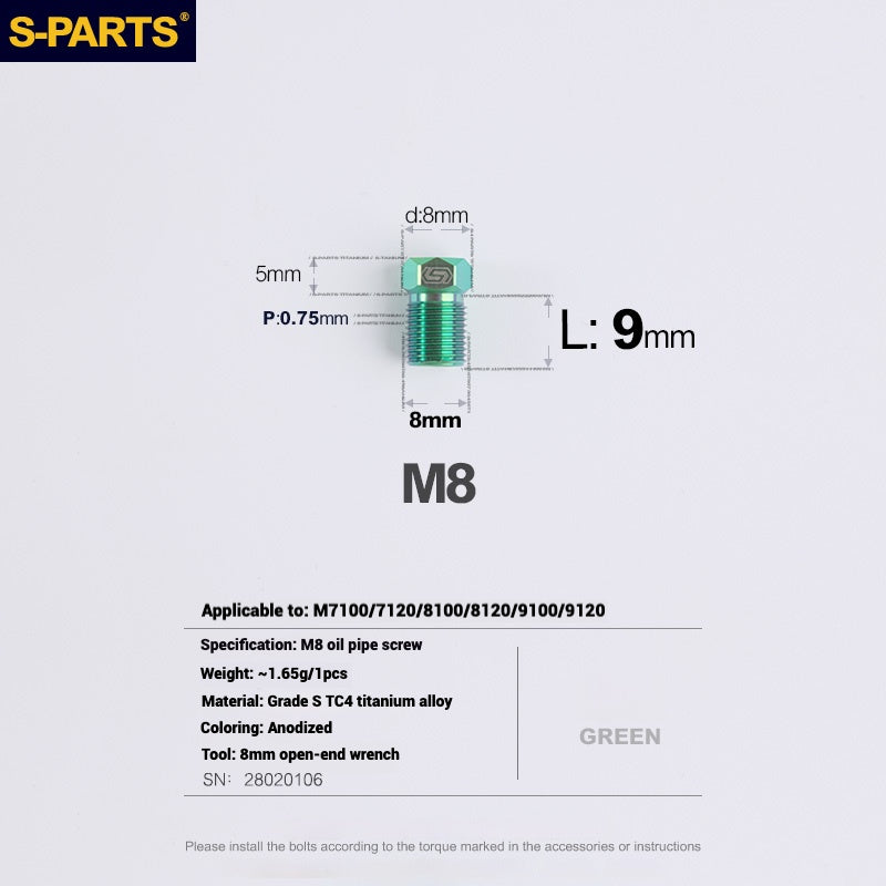 S-PARTS Titanium Hydraulic Hose Bolts for MTB and Road Bikes | Compatible with Shimano XTR/Ultegra/Dura-Ace and SRAM Road Systems | M8 Oil Hose Screws