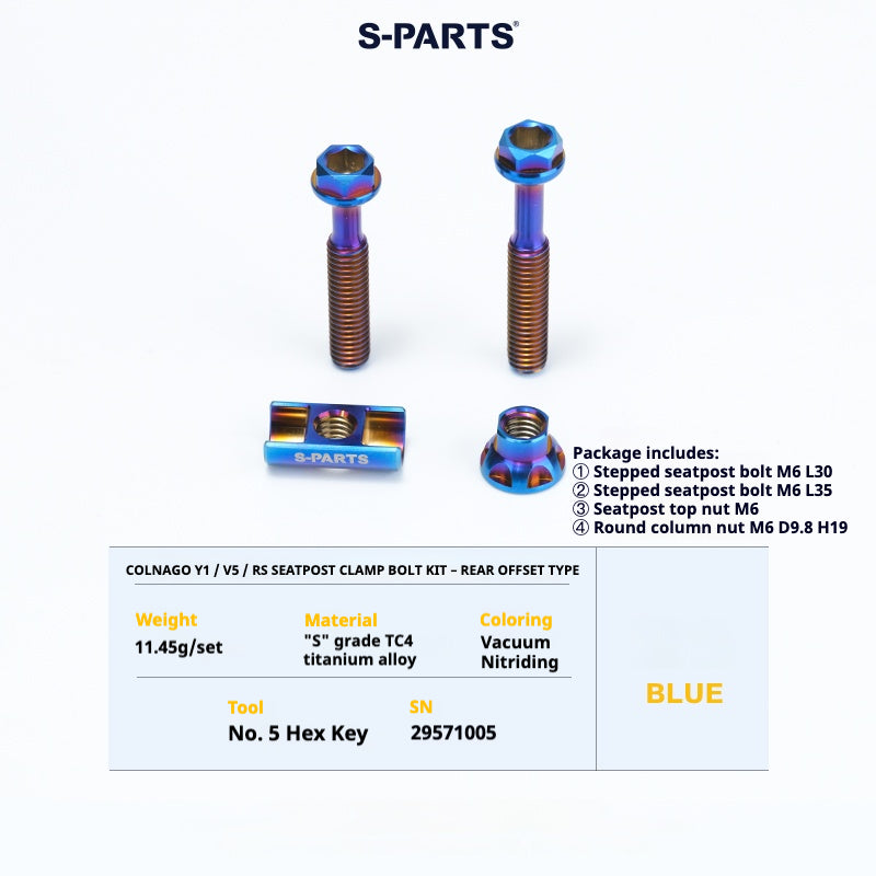 S-PARTS Titanium Seatpost Balance Bolt Kit for Colnago Y1 / V5RS – Straight & Rear-Offset Types – Multi-Color