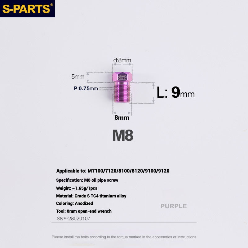 S-PARTS Titanium Hydraulic Hose Bolts for MTB and Road Bikes | Compatible with Shimano XTR/Ultegra/Dura-Ace and SRAM Road Systems | M8 Oil Hose Screws