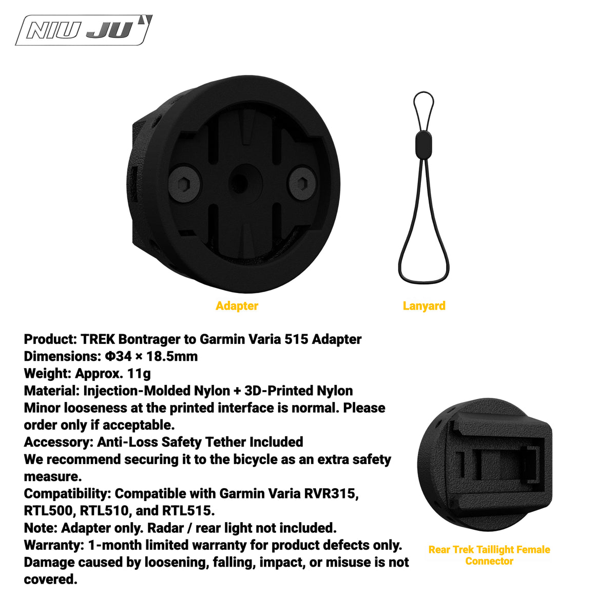 NIUJU Rear Light Adapter for TREK Bontrager Mount | Garmin Varia / Magene Compatible