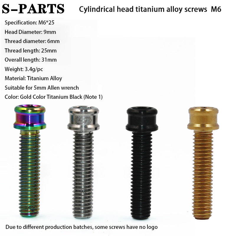 S-PARTS M6x10/12/14/16/18/20mm Cylindrical Head Ultra Light Titanium Screws