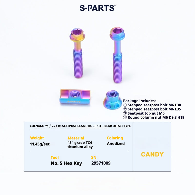 S-PARTS Titanium Seatpost Balance Bolt Kit for Colnago Y1 / V5RS – Straight & Rear-Offset Types – Multi-Color