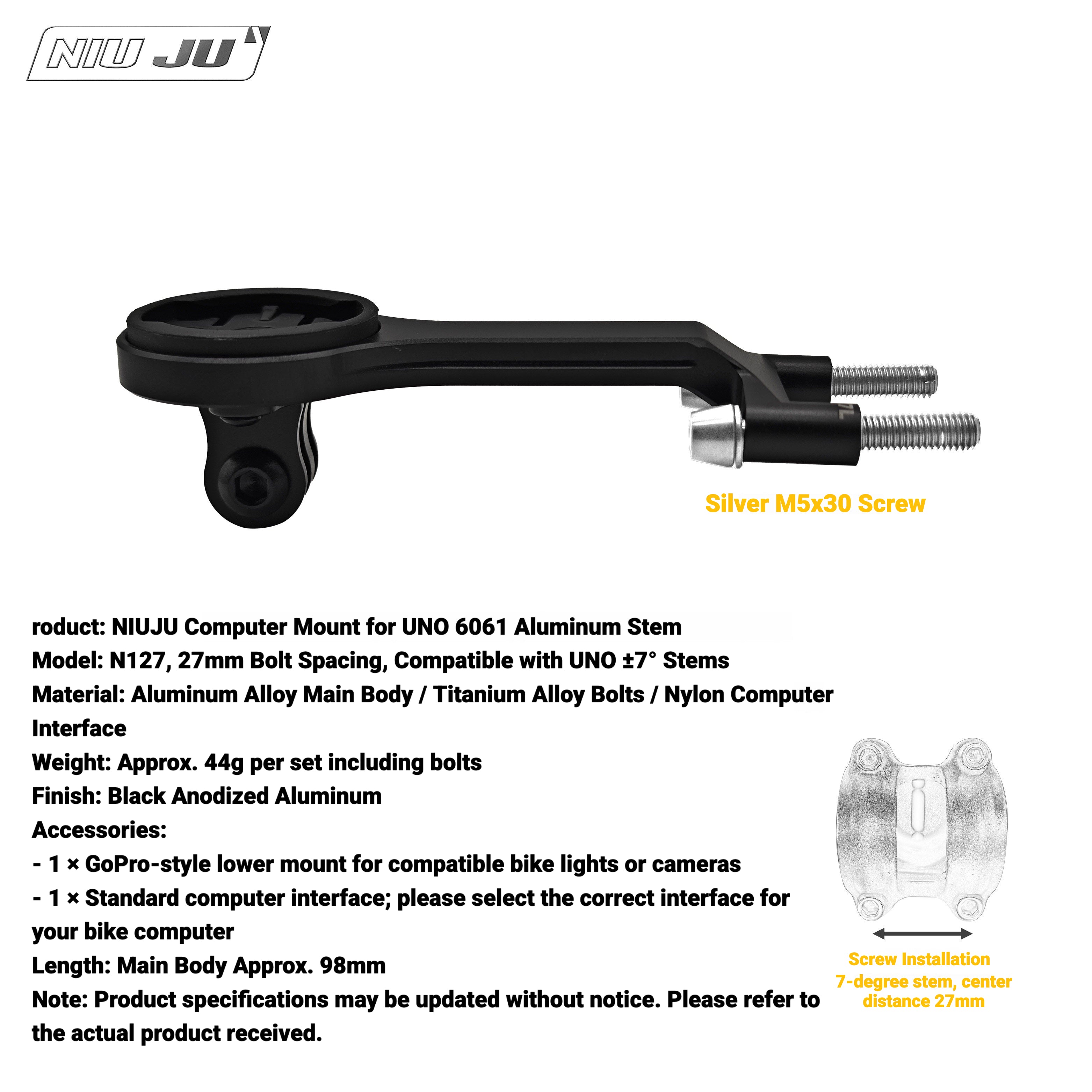 NIUJU Lightweight Computer Mount for UNO Stem | Forged Garmin Wahoo Mount