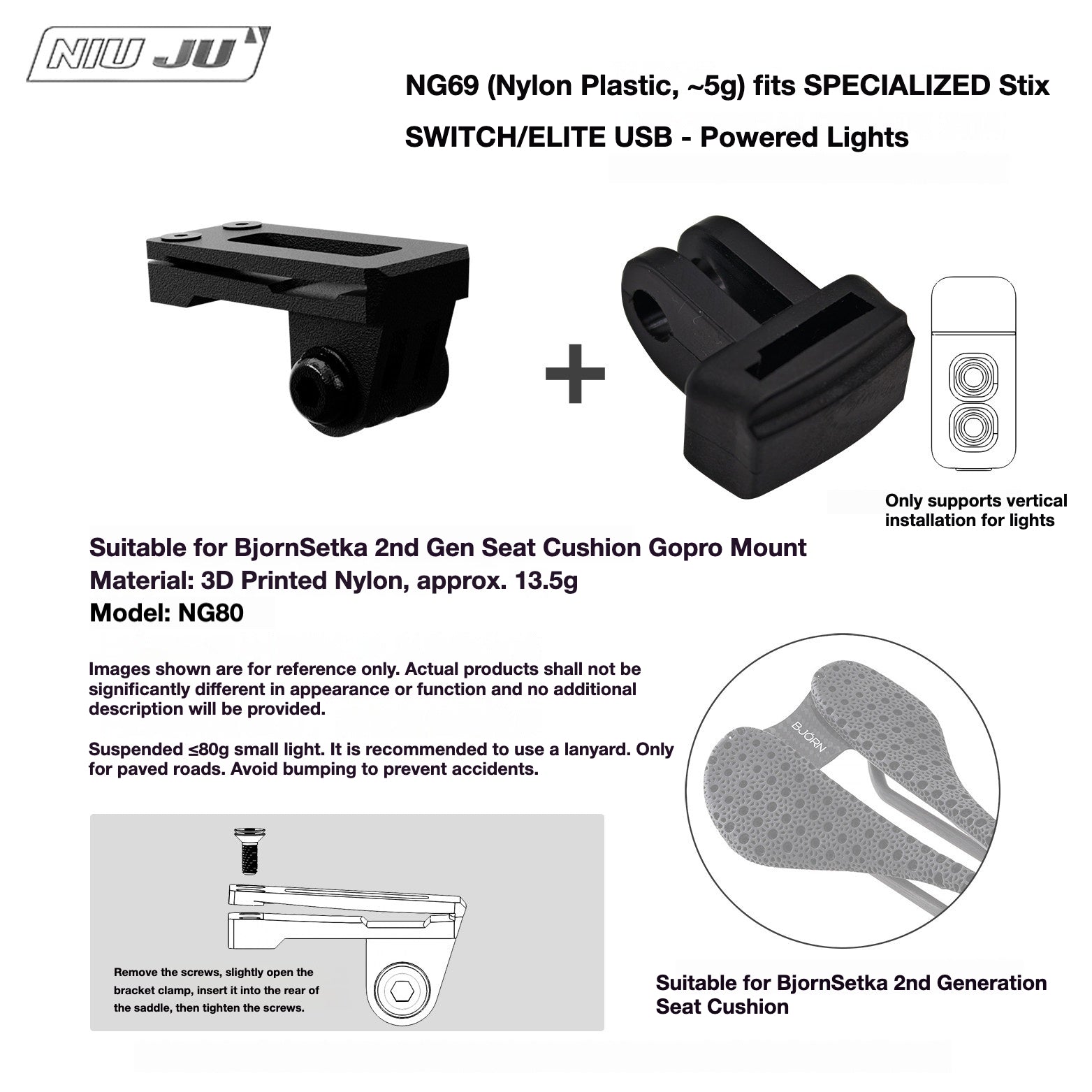 NIUJU Torque Saddle Mount for Bjorn Setka Gen 2 Saddle | GoPro Tail Light & Race Number Holder