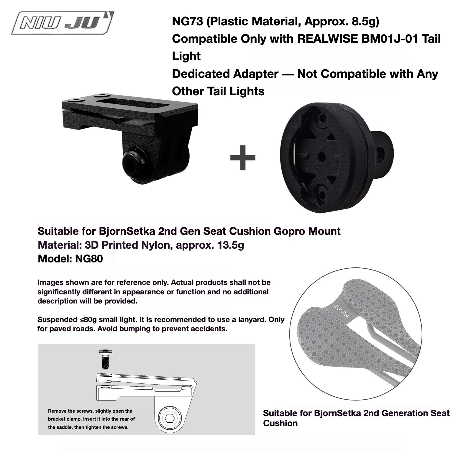 NIUJU Torque Saddle Mount for Bjorn Setka Gen 2 Saddle | GoPro Tail Light & Race Number Holder