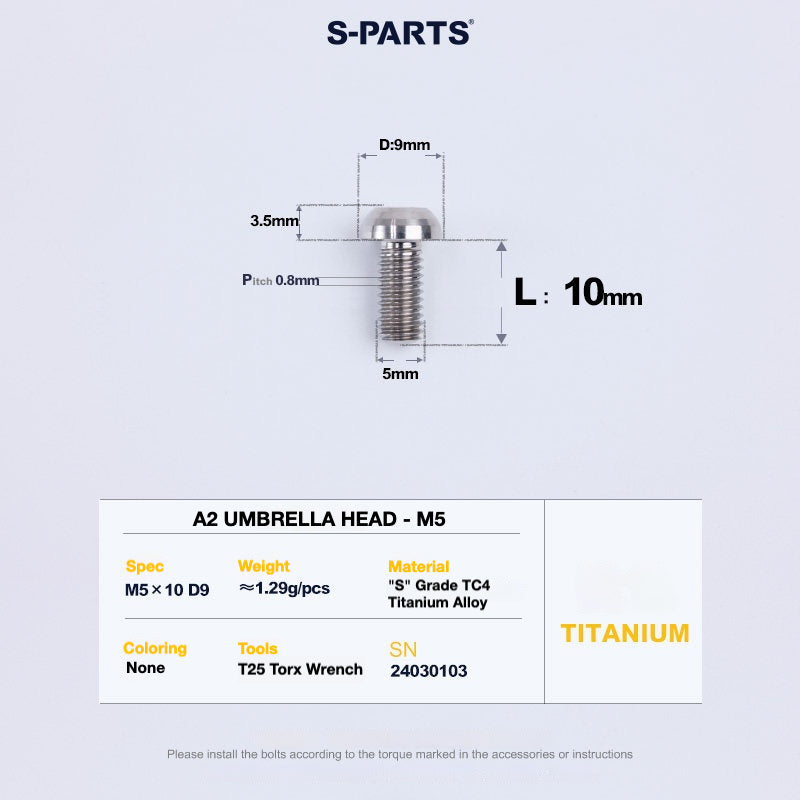 S-PARTS A2 Titanium Button Head Bolts M5 x 8–34mm