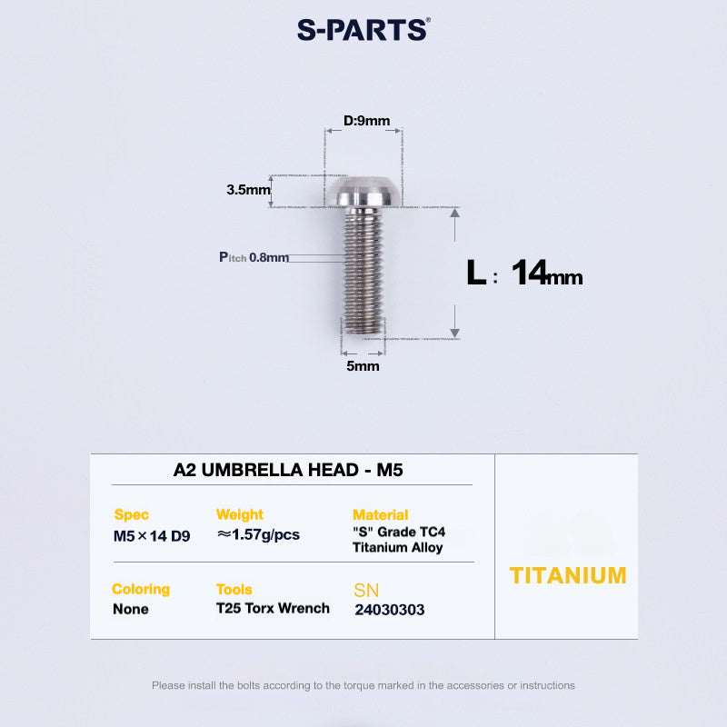 S-PARTS A2 Titanium Button Head Bolts M5 x 8–34mm