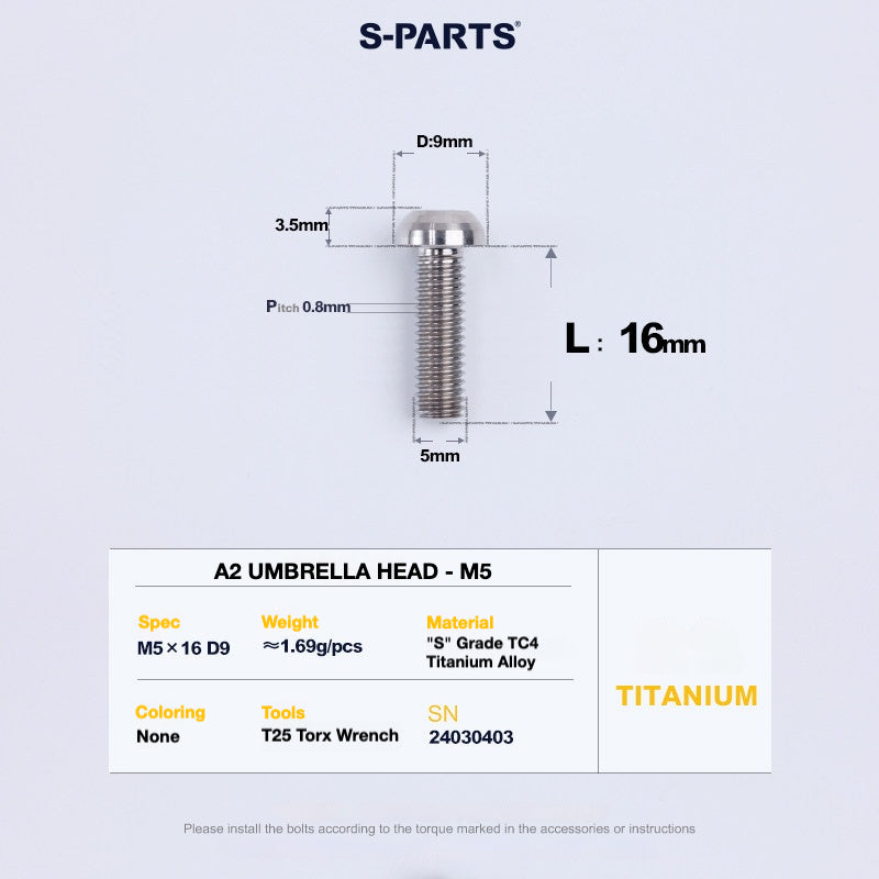 S-PARTS A2 Titanium Button Head Bolts M5 x 8–34mm