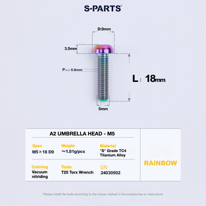 S-PARTS A2 Titanium Button Head Bolts M5 x 8–34mm