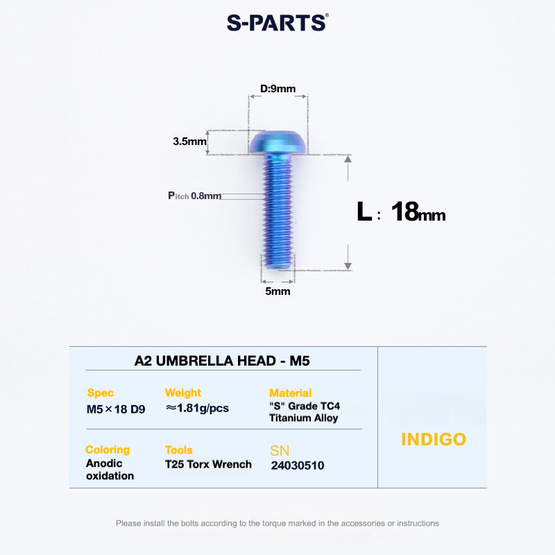 S-PARTS A2 Titanium Button Head Bolts M5 x 8–34mm
