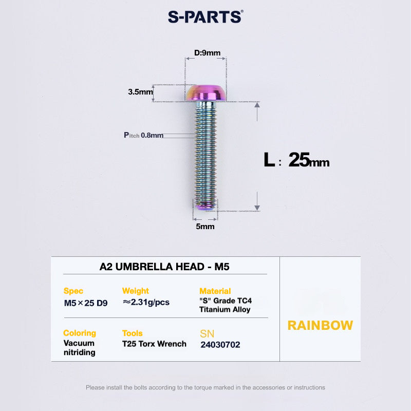 S-PARTS A2 Titanium Button Head Bolts M5 x 8–34mm