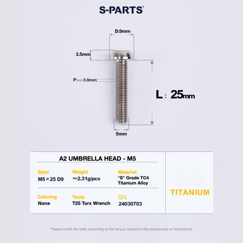 S-PARTS A2 Titanium Button Head Bolts M5 x 8–34mm